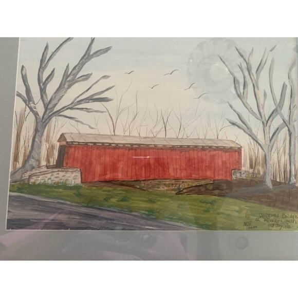 Watercolor Covered Bridge Framed Picture by Anna Ruth Enders 12”x15” - Picture 3 of 5